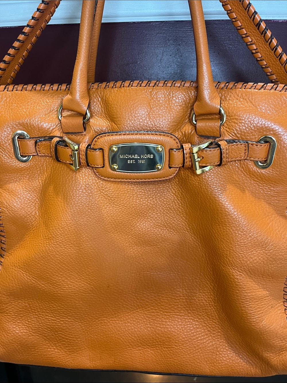 Michael Kors Orange Soft Pebbled Leather Hamilton Tote with Whipstitch Trim - Picture 4 of 11
